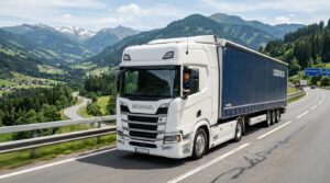 Evropski kamion (Scania/Volvo stil) na autoputu — vozač kamiona u kabini, život na putu, transport i zarada