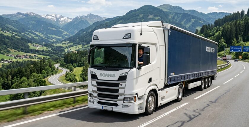 Evropski kamion (Scania/Volvo stil) na autoputu — vozač kamiona u kabini, život na putu, transport i zarada