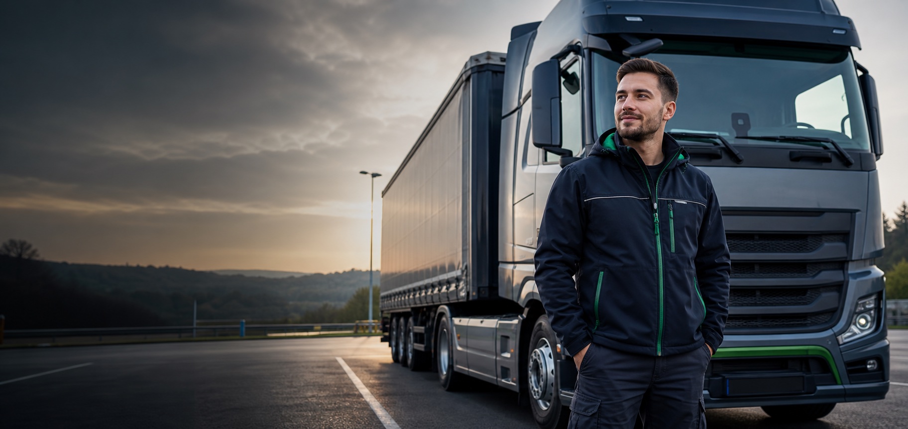 Junger Berufskraftfahrer neben einem modernen europäischen Lkw